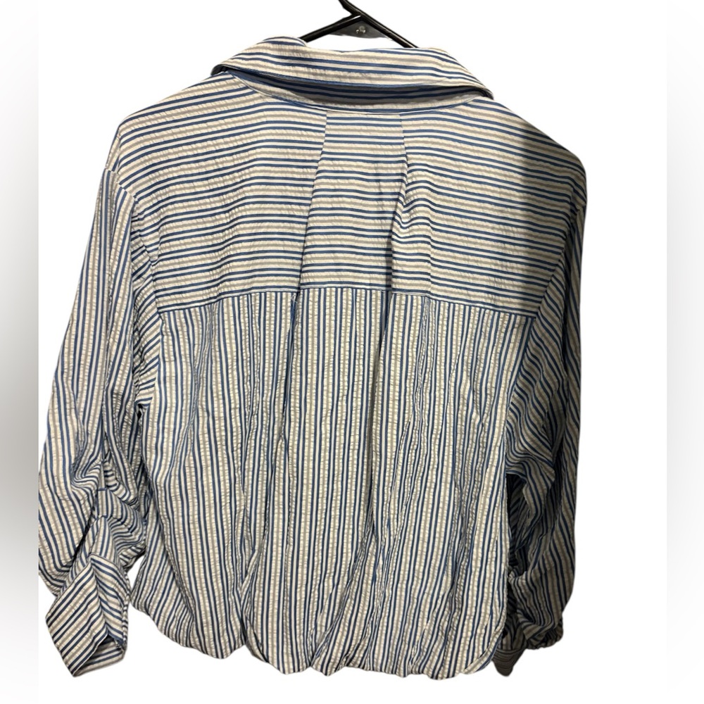 Democracy Three Quarter Tucked Sleeve Button Down Spliced Stripe Woven Shirt - Picture 2 of 8